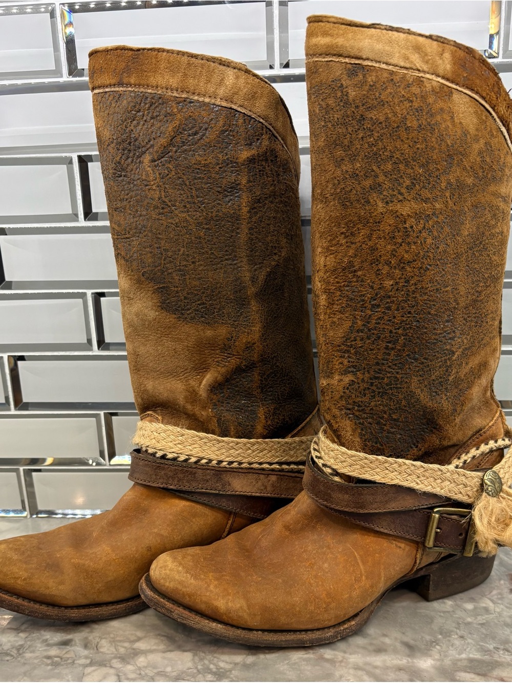 Corral Brown Distressed Leather Braided-Strap Heeled Boots